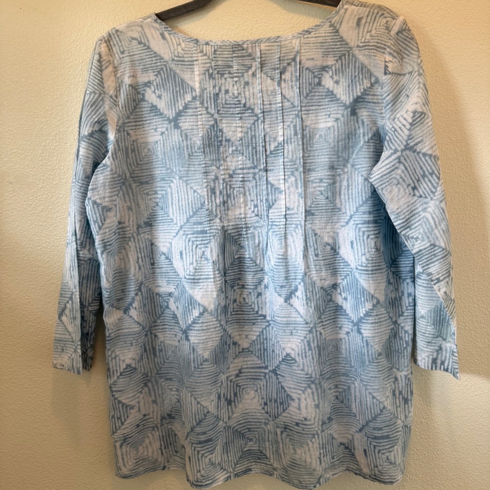 J. Jill Blue White Abstract Geo Print Pintuck 3/4 Sleeve Cotton Popover Top XS‎ - Picture 6 of 10